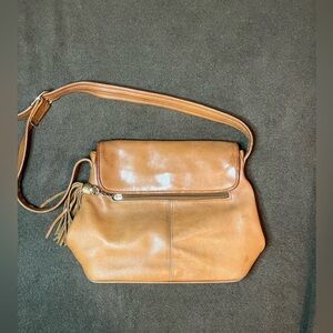 Tignanello Cognac Brown Leather Crossbody Bag Tassel Boho Adjustable Strap